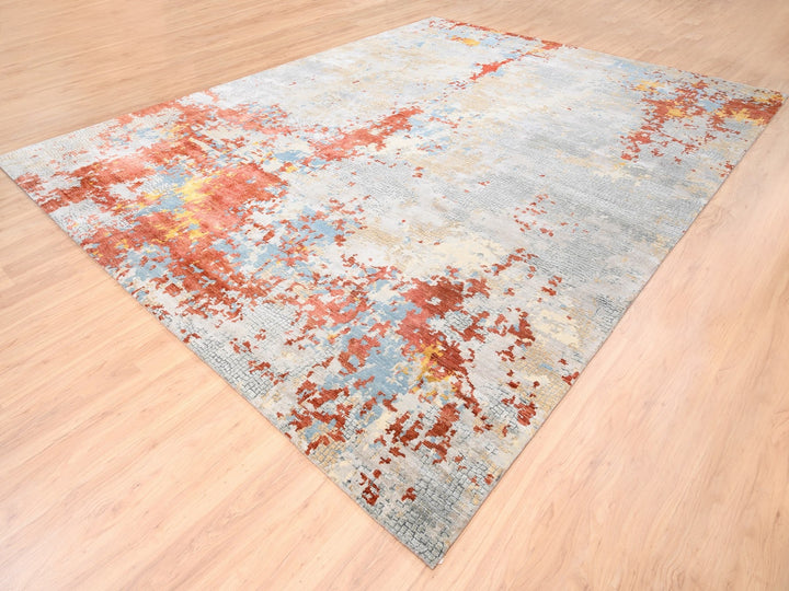 11'8" x 15'0" New Hand Knotted Grey Wool & Silk Rectangle Oriental Rug - MOA10262675