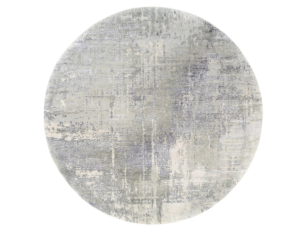 11'9" x 11'9" New Hand Knotted Grey Wool & Silk Round Oriental Rug - MOA10262693