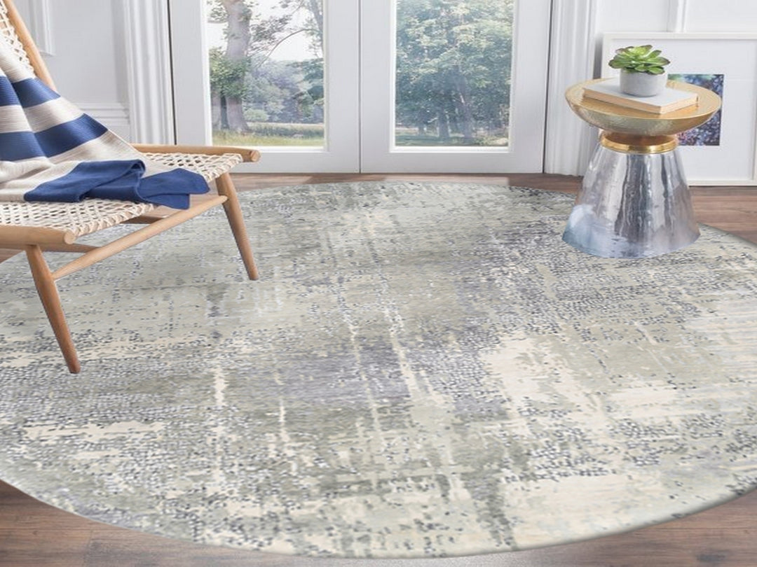 11'9" x 11'9" New Hand Knotted Grey Wool & Silk Round Oriental Rug - MOA10262693