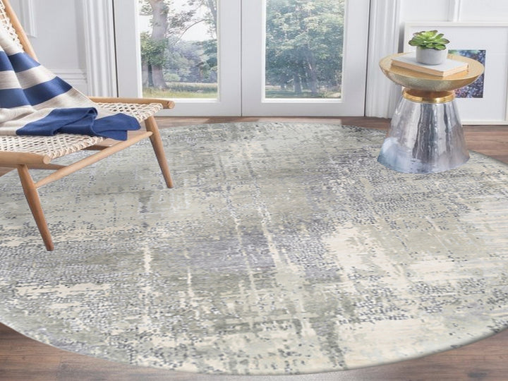 11'9" x 11'9" New Hand Knotted Grey Wool & Silk Round Oriental Rug - MOA10262693