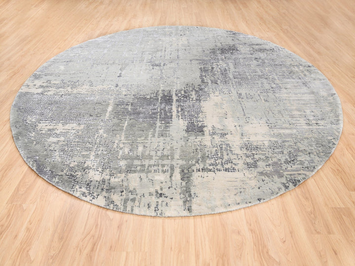 11'9" x 11'9" New Hand Knotted Grey Wool & Silk Round Oriental Rug - MOA10262693