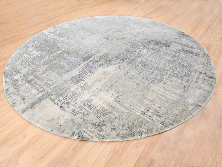 11'9" x 11'9" New Hand Knotted Grey Wool & Silk Round Oriental Rug - MOA10262693