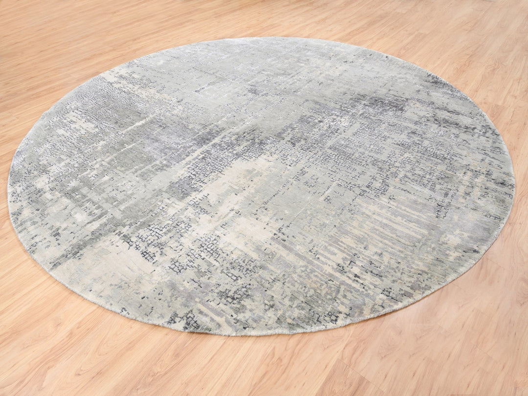 11'9" x 11'9" New Hand Knotted Grey Wool & Silk Round Oriental Rug - MOA10262693
