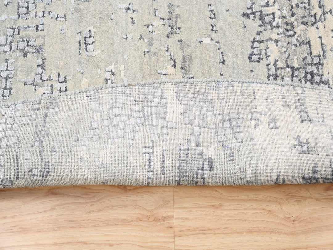 11'9" x 11'9" New Hand Knotted Grey Wool & Silk Round Oriental Rug - MOA10262693