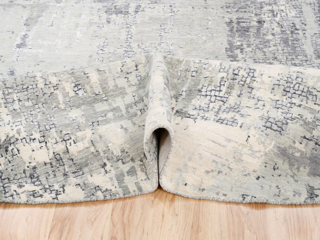 11'9" x 11'9" New Hand Knotted Grey Wool & Silk Round Oriental Rug - MOA10262693