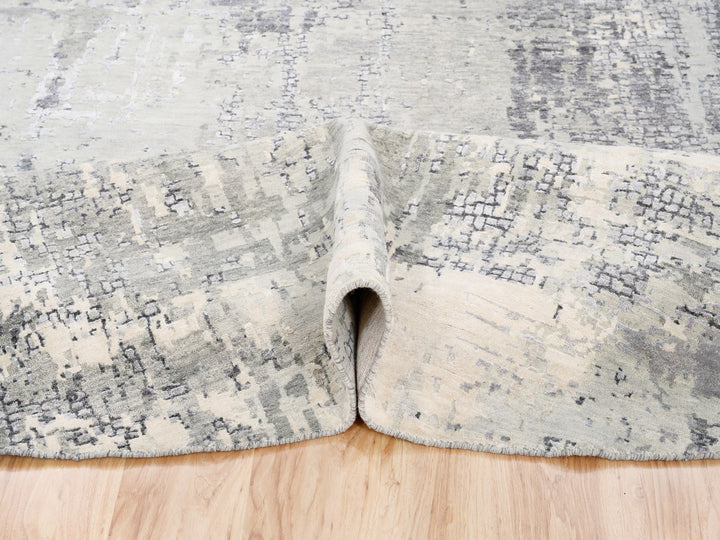 11'9" x 11'9" New Hand Knotted Grey Wool & Silk Round Oriental Rug - MOA10262693