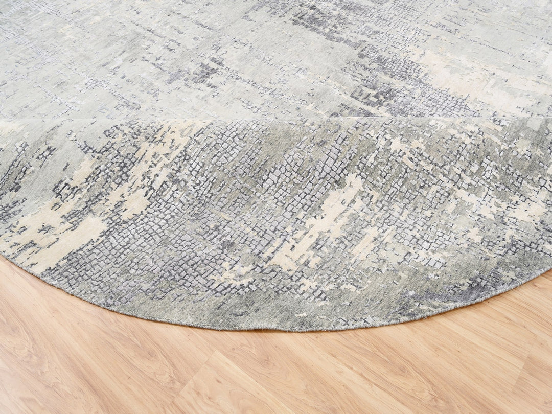 11'9" x 11'9" New Hand Knotted Grey Wool & Silk Round Oriental Rug - MOA10262693