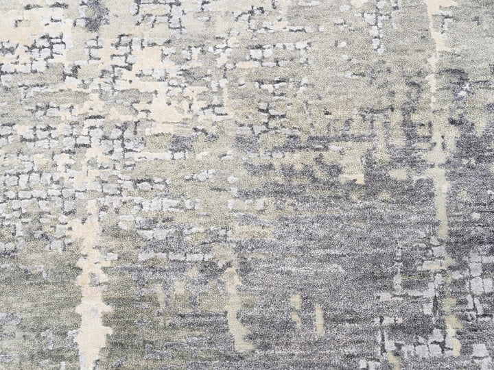 11'9" x 11'9" New Hand Knotted Grey Wool & Silk Round Oriental Rug - MOA10262693