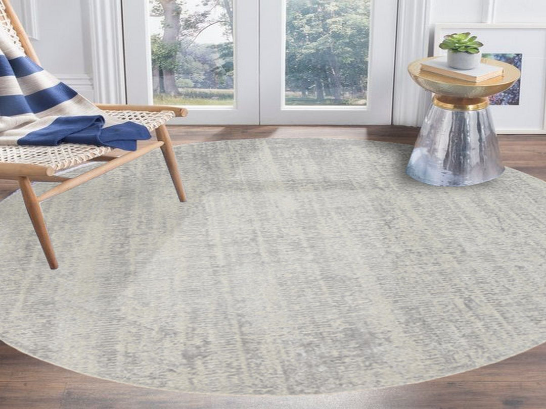 8'10" x 8'10" New Hand Loomed Grey Wool & Silk Round Oriental Rug - MOA10262864