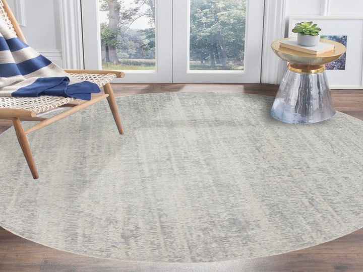 8'10" x 8'10" New Hand Loomed Grey Wool & Silk Round Oriental Rug - MOA10262864