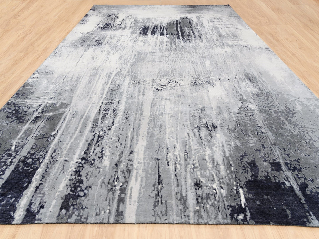 12'0" x 18'1" New Hand Knotted Grey Wool & Silk Rectangle Oriental Rug - MOA10262870