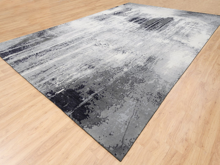 12'0" x 18'1" New Hand Knotted Grey Wool & Silk Rectangle Oriental Rug - MOA10262870