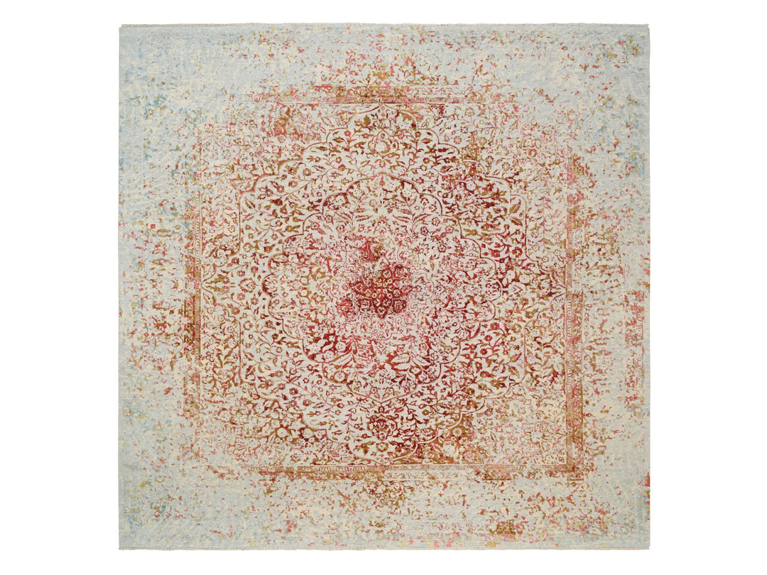 10'1" x 10'0" New Hand Knotted Ivory Wool & Silk Square Oriental Rug - MOA10263253