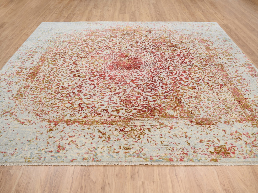 10'1" x 10'0" New Hand Knotted Ivory Wool & Silk Square Oriental Rug - MOA10263253