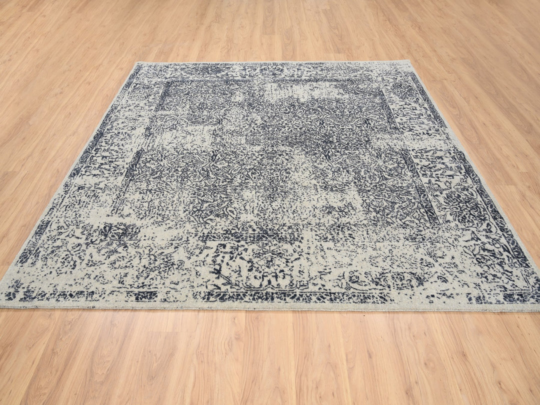 8'0" x 8'0" New Hand Loomed Grey Wool & Art Silk Square Oriental Rug - MOA10263257