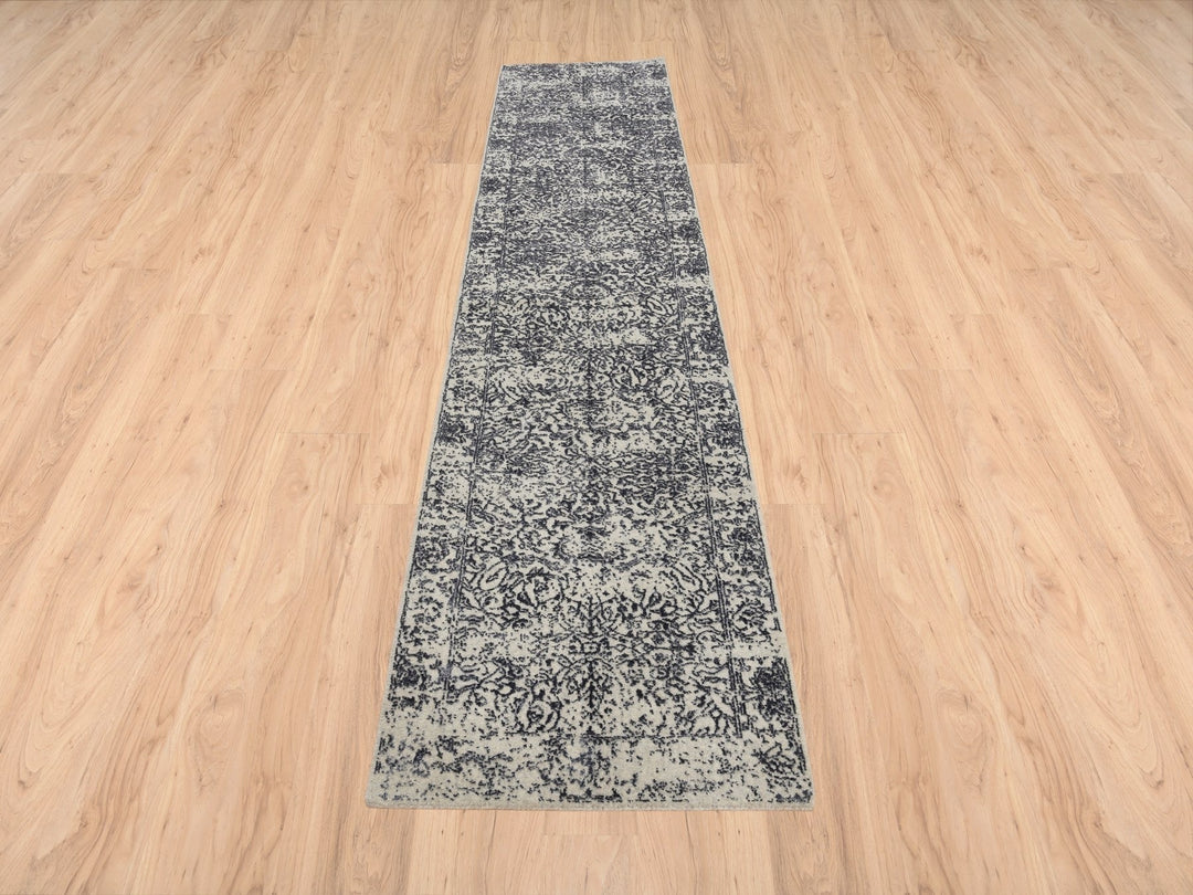 2'7" x 12'2" New Hand Loomed Grey Wool & Art Silk Runner Oriental Rug - MOA10263277