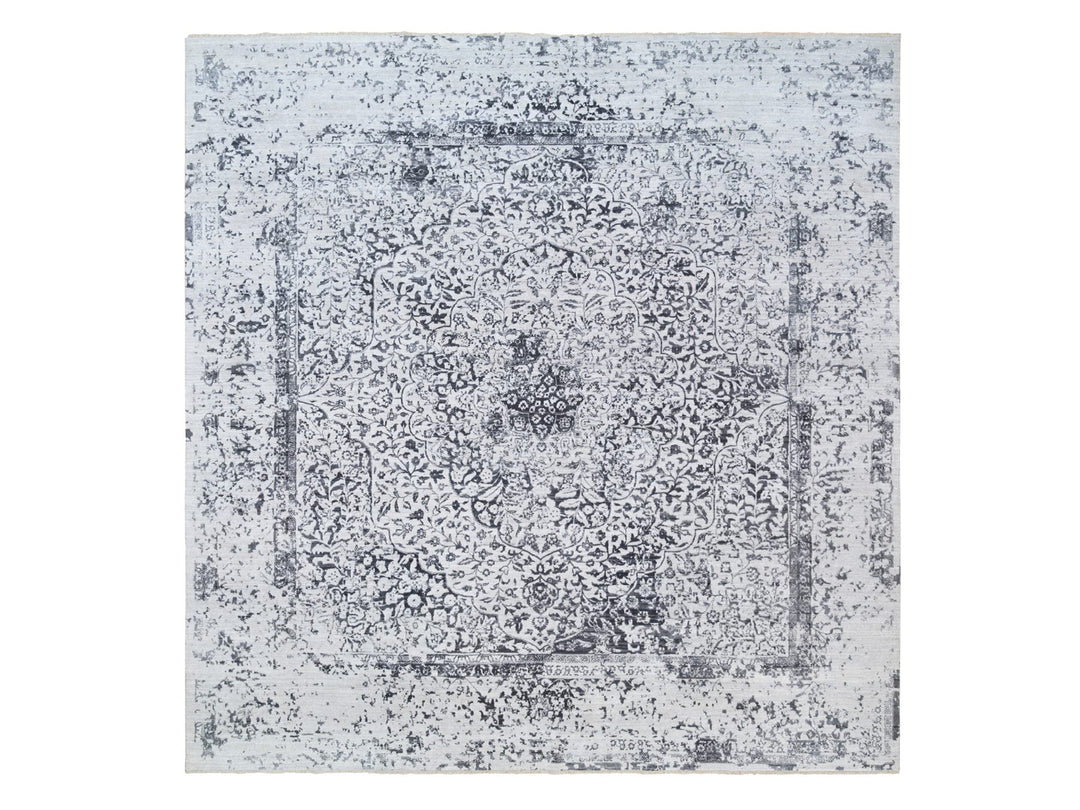 12'0" x 12'0" New Hand Knotted Grey Wool & Silk Square Oriental Rug - MOA10263467