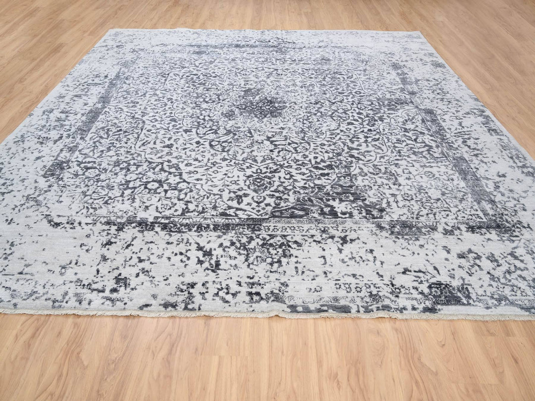 12'0" x 12'0" New Hand Knotted Grey Wool & Silk Square Oriental Rug - MOA10263467
