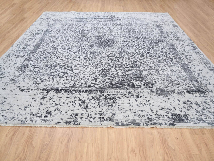 12'0" x 12'0" New Hand Knotted Grey Wool & Silk Square Oriental Rug - MOA10263467