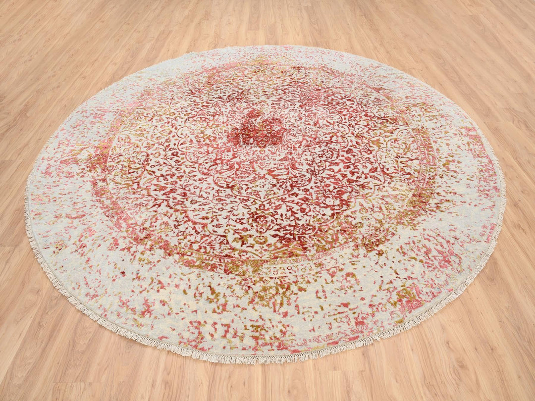 9'8" x 9'8" New Hand Knotted Pink Wool & Silk Round Oriental Rug - MOA10263468