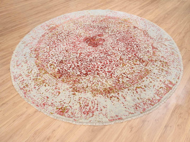 9'8" x 9'8" New Hand Knotted Pink Wool & Silk Round Oriental Rug - MOA10263468