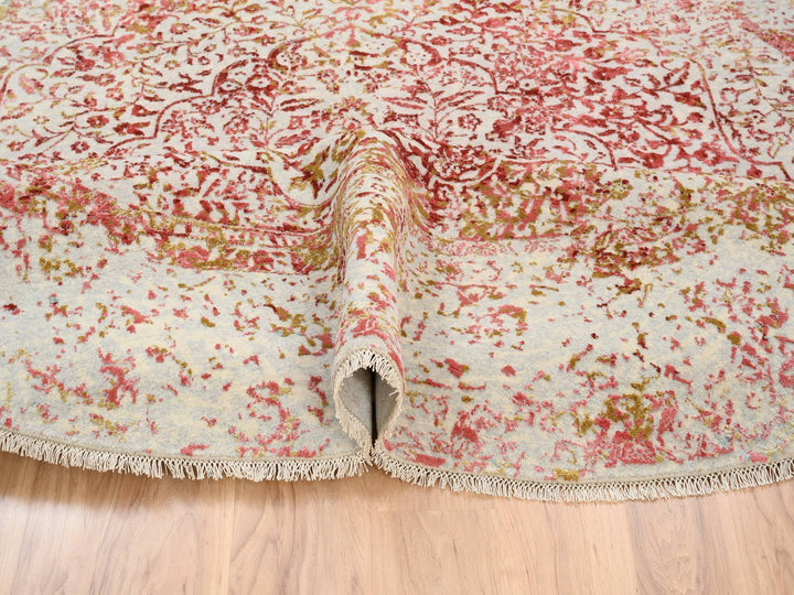 9'8" x 9'8" New Hand Knotted Pink Wool & Silk Round Oriental Rug - MOA10263468