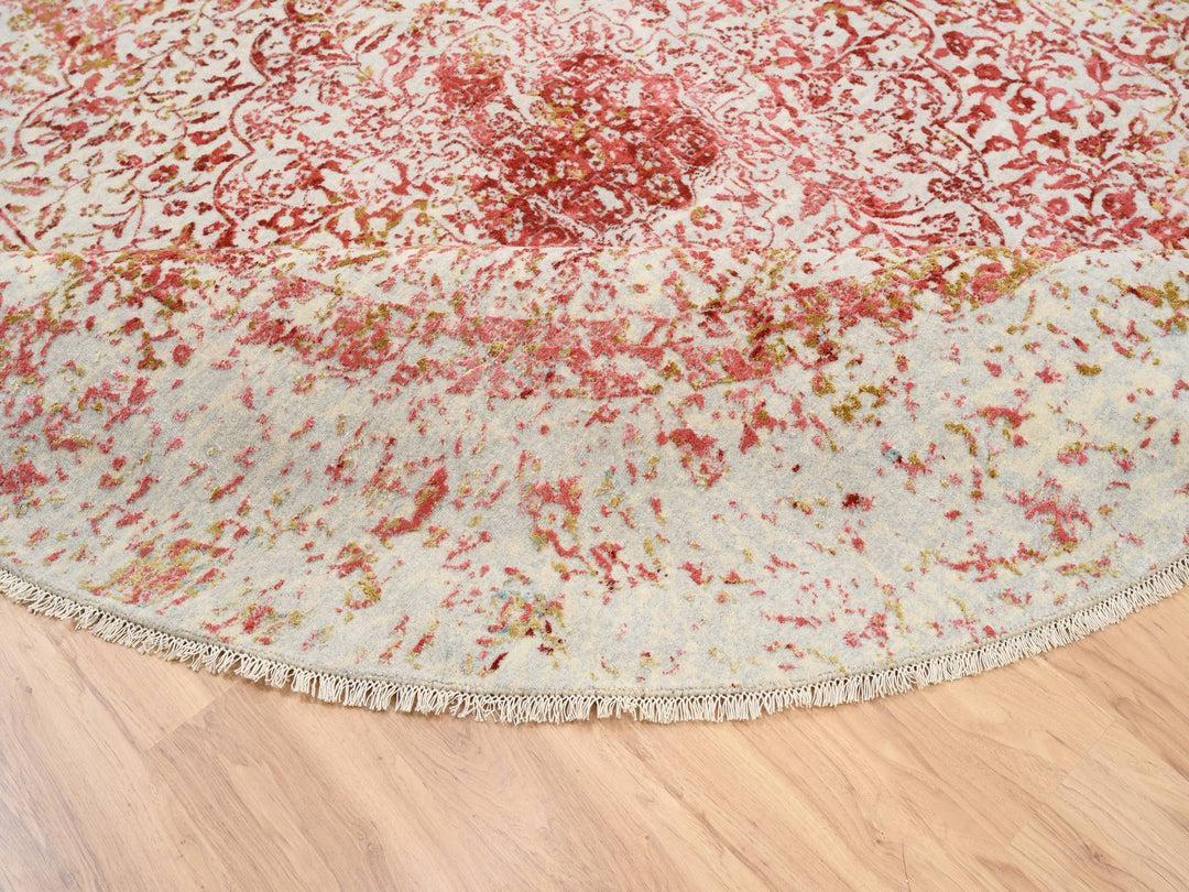 9'8" x 9'8" New Hand Knotted Pink Wool & Silk Round Oriental Rug - MOA10263468