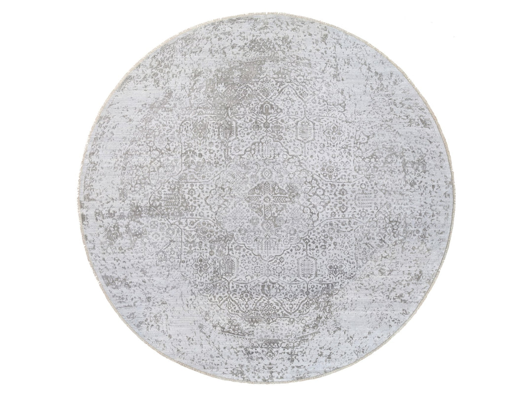 11'9" x 11'9" New Hand Knotted Grey Wool & Silk Round Oriental Rug - MOA10263477