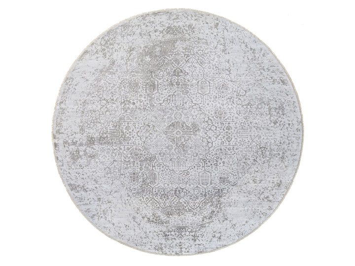 11'9" x 11'9" New Hand Knotted Grey Wool & Silk Round Oriental Rug - MOA10263477