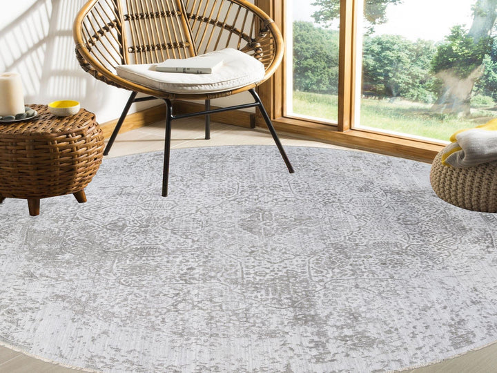 11'9" x 11'9" New Hand Knotted Grey Wool & Silk Round Oriental Rug - MOA10263477