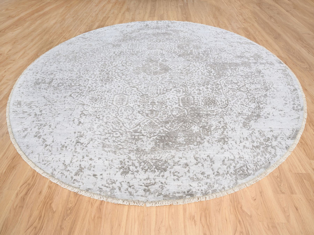 11'9" x 11'9" New Hand Knotted Grey Wool & Silk Round Oriental Rug - MOA10263477