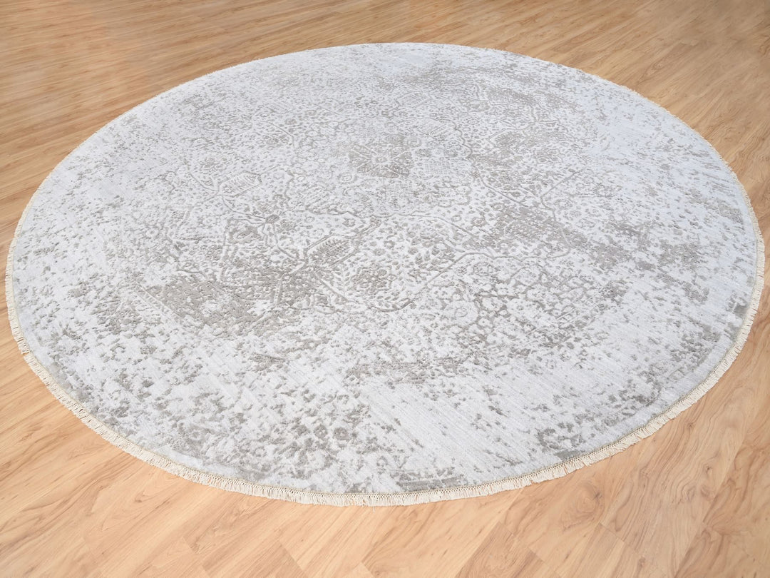 11'9" x 11'9" New Hand Knotted Grey Wool & Silk Round Oriental Rug - MOA10263477