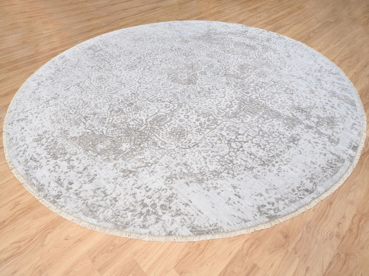 11'9" x 11'9" New Hand Knotted Grey Wool & Silk Round Oriental Rug - MOA10263477