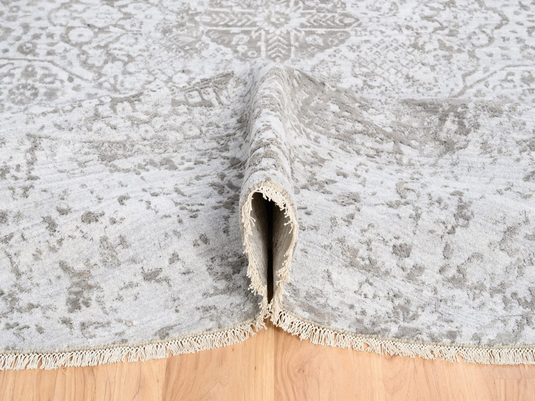11'9" x 11'9" New Hand Knotted Grey Wool & Silk Round Oriental Rug - MOA10263477