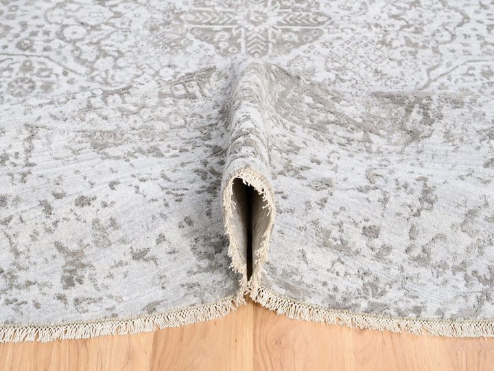 11'9" x 11'9" New Hand Knotted Grey Wool & Silk Round Oriental Rug - MOA10263477