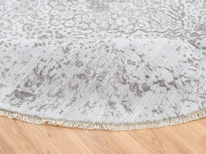11'9" x 11'9" New Hand Knotted Grey Wool & Silk Round Oriental Rug - MOA10263477