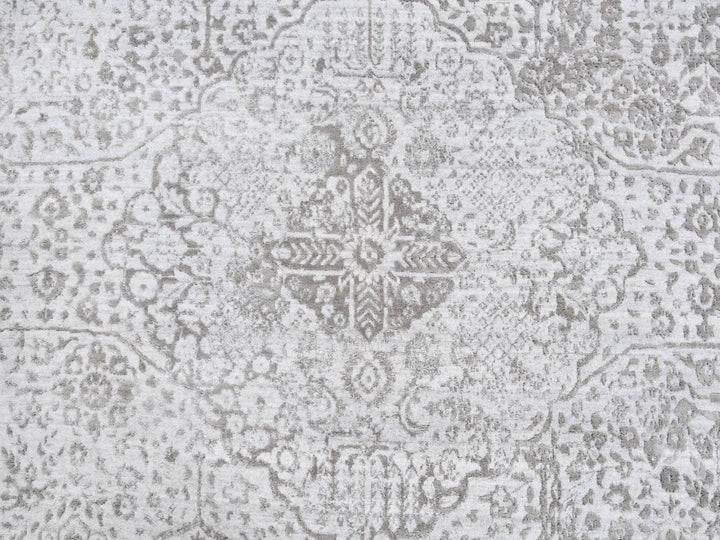 11'9" x 11'9" New Hand Knotted Grey Wool & Silk Round Oriental Rug - MOA10263477