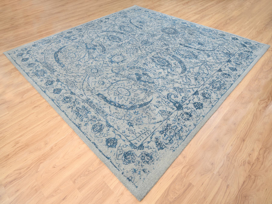 10'0" x 10'0" New Hand Loomed Blue Wool & Silk Square Oriental Rug - MOA10263481