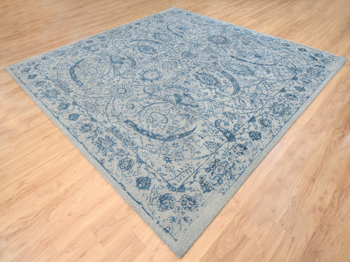 10'0" x 10'0" New Hand Loomed Blue Wool & Silk Square Oriental Rug - MOA10263481
