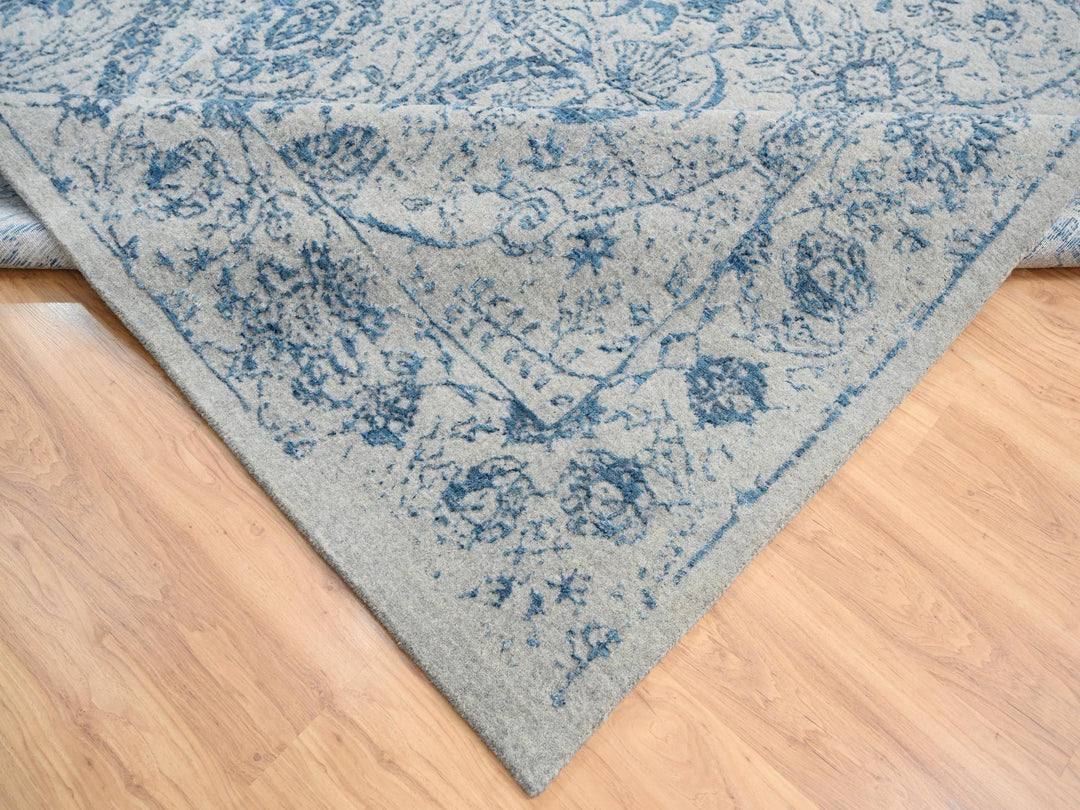 10'0" x 10'0" New Hand Loomed Blue Wool & Silk Square Oriental Rug - MOA10263481