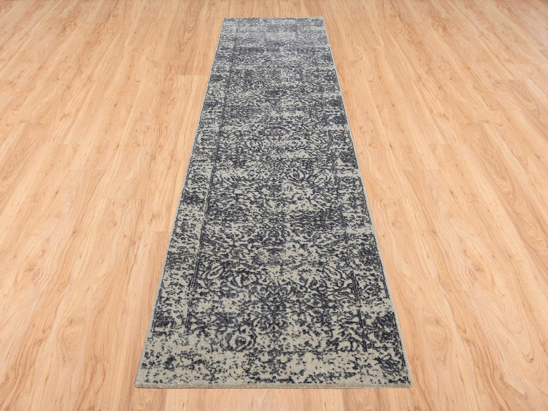 2'7" x 12'2" New Hand Loomed Grey Wool & Silk Runner Oriental Rug - MOA10263515