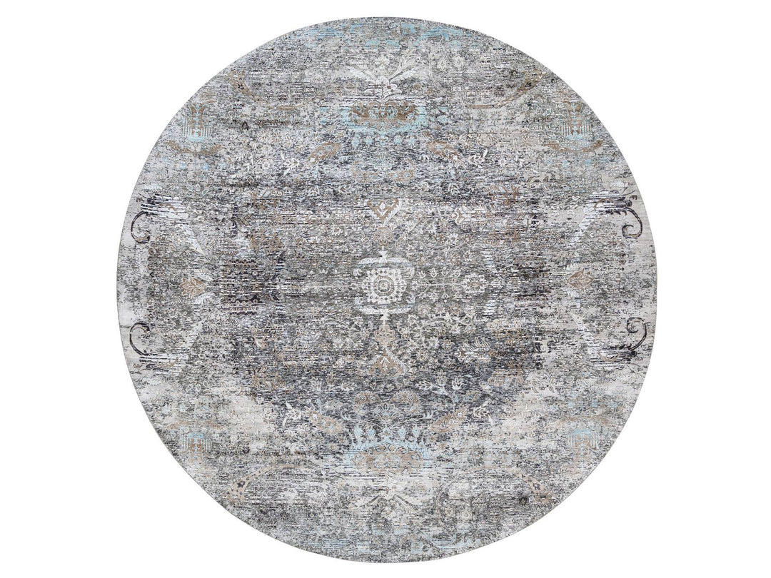 11'10" x 11'10" New Hand Knotted Grey Wool & Silk Round Oriental Rug - MOA10263726