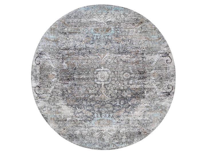 11'10" x 11'10" New Hand Knotted Grey Wool & Silk Round Oriental Rug - MOA10263726
