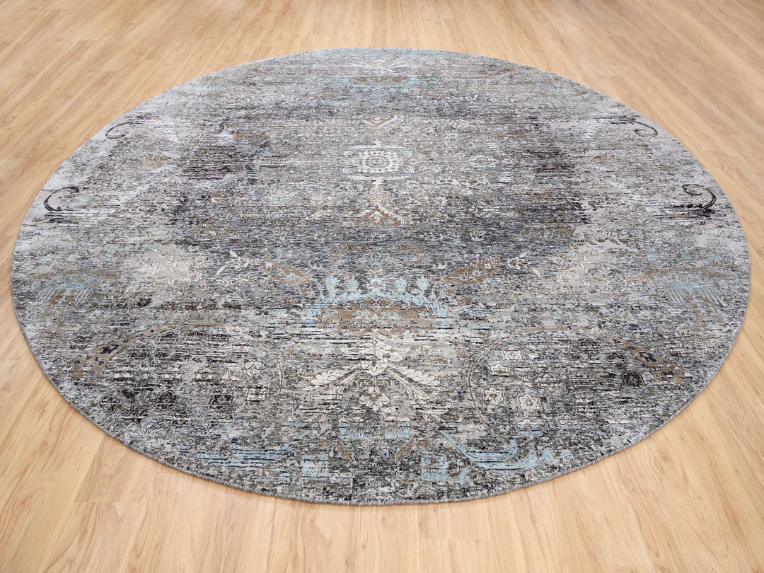 11'10" x 11'10" New Hand Knotted Grey Wool & Silk Round Oriental Rug - MOA10263726
