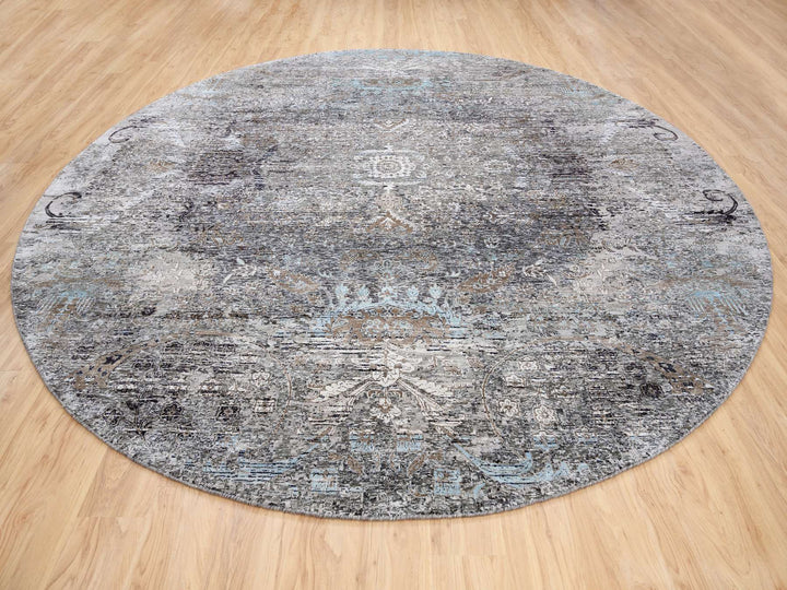 11'10" x 11'10" New Hand Knotted Grey Wool & Silk Round Oriental Rug - MOA10263726