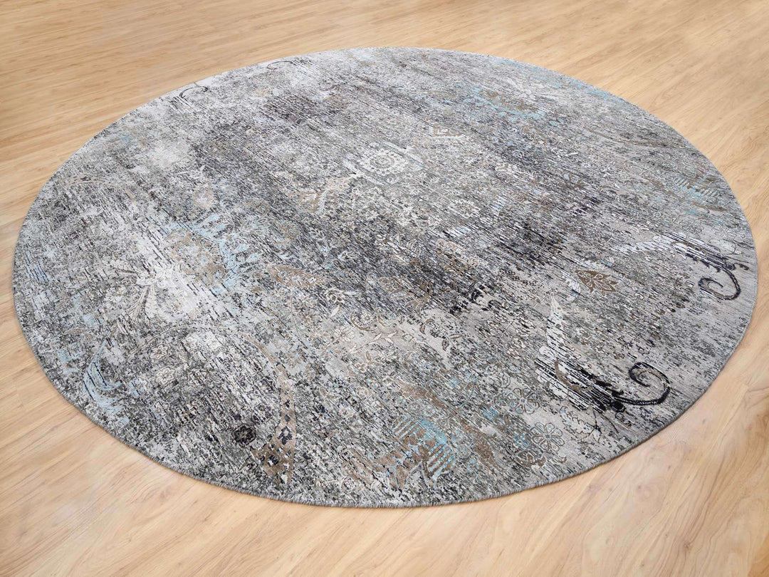 11'10" x 11'10" New Hand Knotted Grey Wool & Silk Round Oriental Rug - MOA10263726