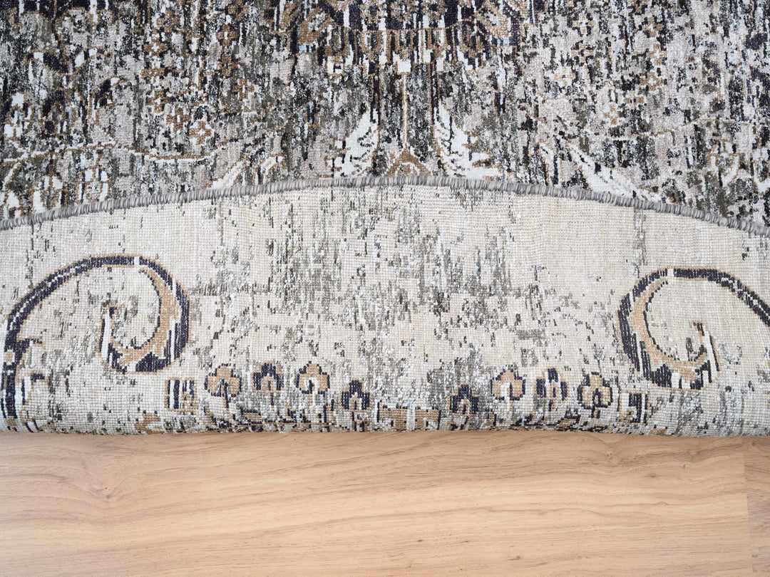 11'10" x 11'10" New Hand Knotted Grey Wool & Silk Round Oriental Rug - MOA10263726
