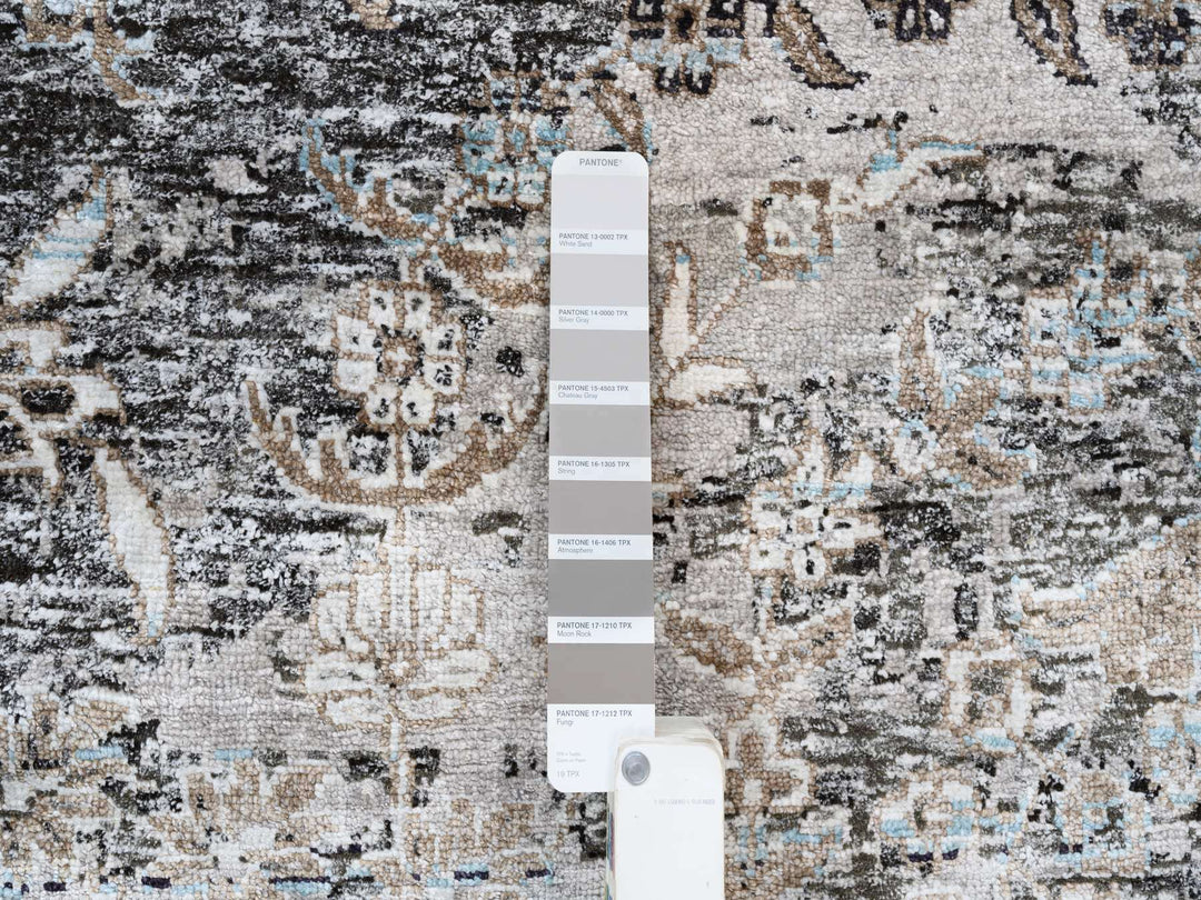 11'10" x 11'10" New Hand Knotted Grey Wool & Silk Round Oriental Rug - MOA10263726