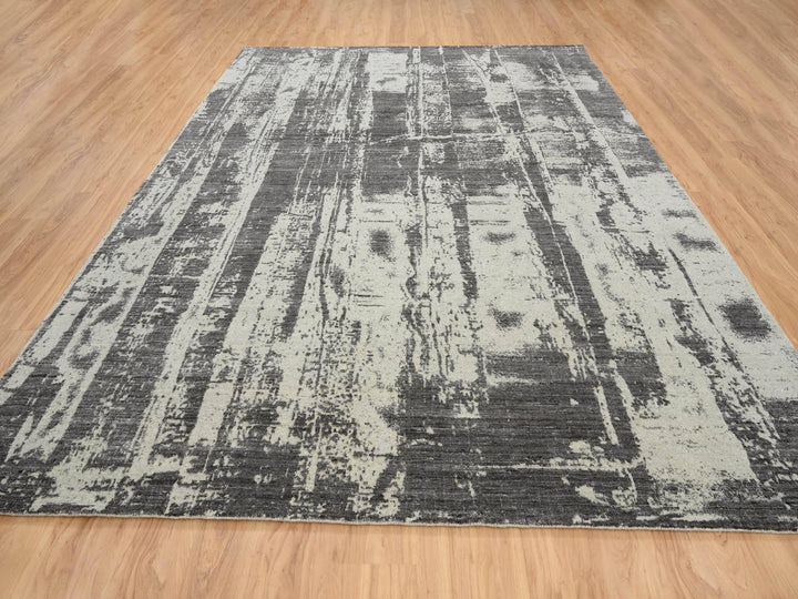 9'0" x 12'0" New Hand Loomed Black Wool & Silk Rectangle Oriental Rug - MOA10263747