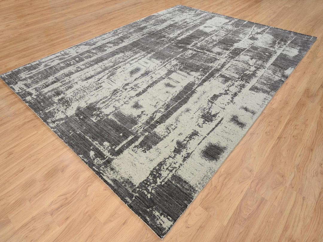 9'0" x 12'0" New Hand Loomed Black Wool & Silk Rectangle Oriental Rug - MOA10263747